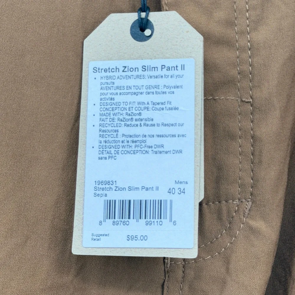 Prana Stretch Zion Slim Pant II Mens 40x34 Sepia Brown Tapered Leg 1969831 NWT